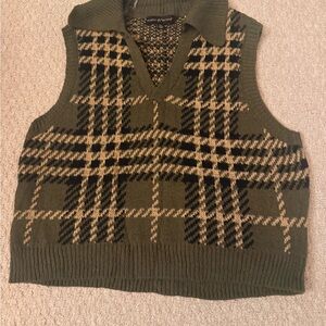 Almost Famous Olive, Tan & Black Plaid Collared Sweater Vest